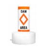 A white float collar buoy with a regulatory vinyl sticker that says "dam area"