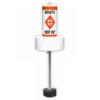A white float collar buoy with a "boats keep out" decal and an attached anchor.