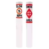 Two white regulatory buoys with "slow 5 MPH" and "swim area" warning vinyls.